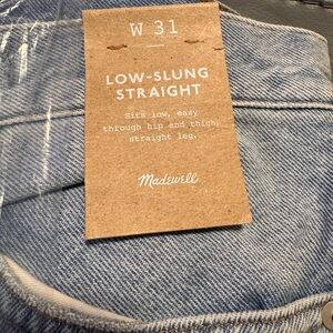 Madewell Low-Slung Straight Jeans in Light Blue with cross over button closure